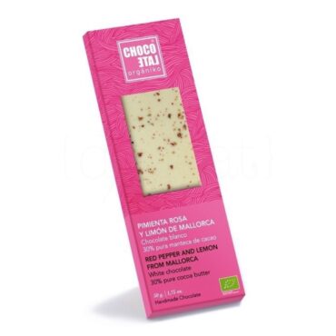 Chocolate Blanco 30% Manteca de Cacao con Limón y Pimienta Rosa 50gr. Chocolate Orgániko