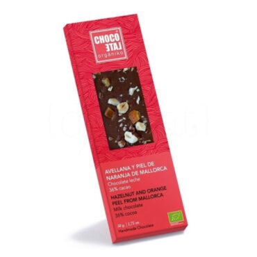 Chocolate con Leche 36% Cacao con Avellana y Piel de Naranja de Mallorca 50g. Chocolate Orgániko