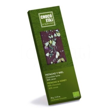 Chocolate con Leche 36% Cacao con Pistacho y Miel. 50g. Chocolate Orgániko