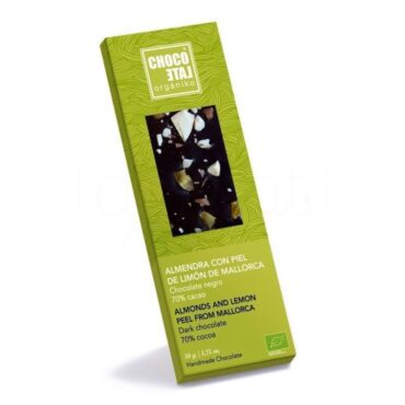 Chocolate Negro 70% Cacao con Almendra y Piel de Limón de Mallorca 50g. Chocolate Orgániko