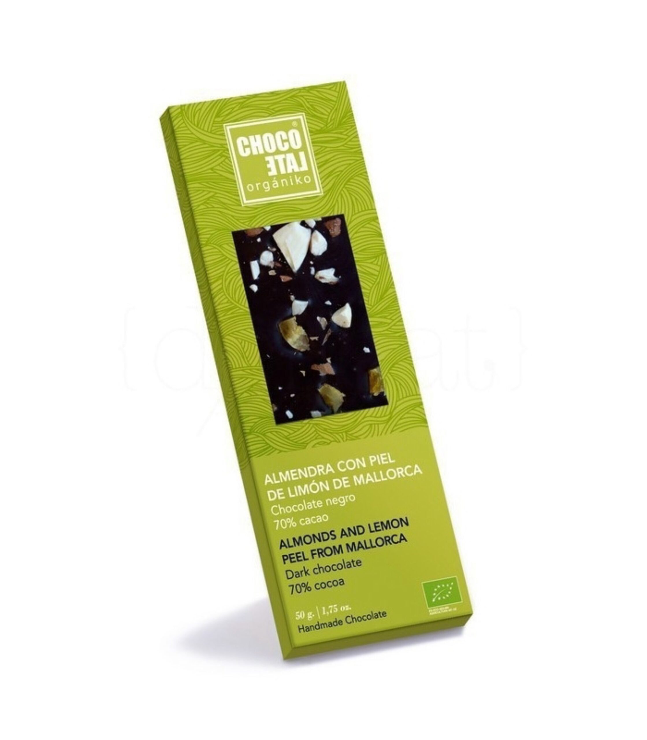 chocolate negro 70 cacao con almendra y piel de limon de mallorca 50g chocolate organiko 10un copia scaled